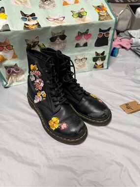 Dr. Martens Black Leather Lace-Up Boots with Multicolor Floral Embroidery